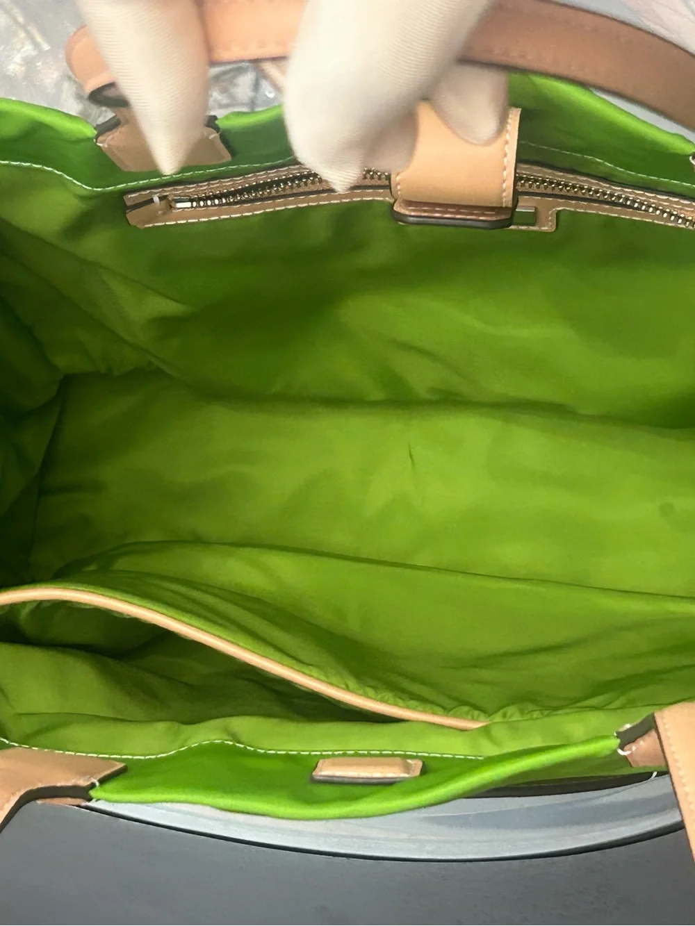 Tory Burch Lime Green Nylon Tote with Tan Leather Trim